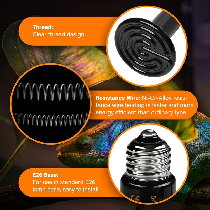 HealSmart Reptile Heat Lamp 100W 2-Pack Ceramic Heat Emitter, No Light Emitting Heat Bulbs for Amphibian Pet Brooder Coop Incubating Chicken, Lizard Bearded Dragon Turtle Snake Terrarium Black - Image 3